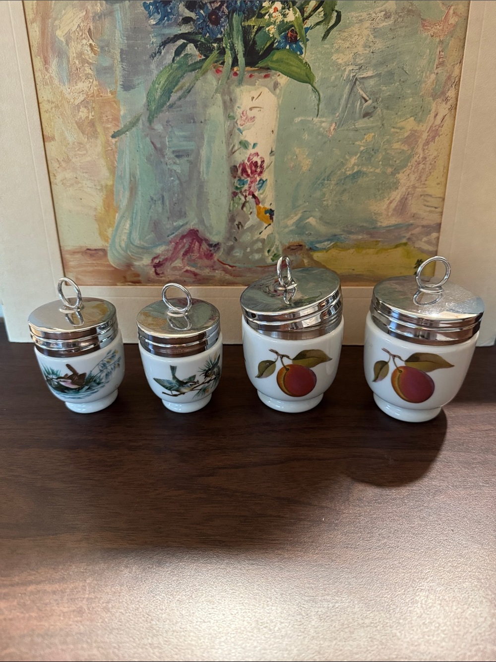 Vintage Royal Worcester Egg Coddlers Set of 4.
2-Woodland & 2-Evesham